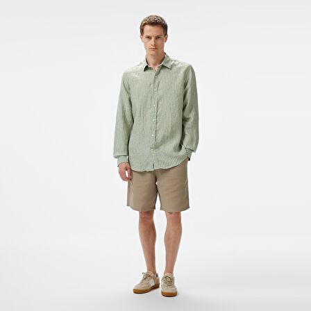 Nautica Erkek Yeşil Classic Fit Çizgili Keten Gömlek