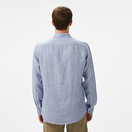 Nautica Erkek Mavi Classic Fit Çizgili Keten Gömlek