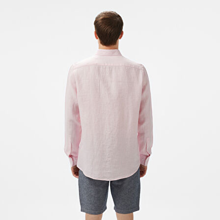 Nautica Erkek Pembe Classic Fit Çizgili Keten Gömlek