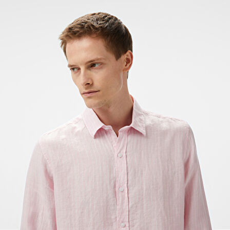Nautica Erkek Pembe Classic Fit Çizgili Keten Gömlek