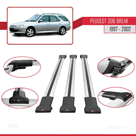 Peugeot 306 SW 1997-2002 Arası ile Uyumlu FLY Model Ara Atkı Tavan Barı Gri 3 Adet