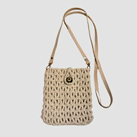 Uretti - Şenay 1451 - El Örgüsü Nazar Boncuk Aksesuarlı Makrome İp Telefon Çantası 17cm - Beyaz