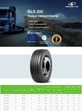 Linglong 245/70R17.5 16PR KLS200 135/134M LL (HB) ECE-S PMS 2024 Asfalt Düz Lastik