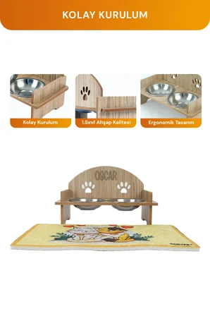 Ahşap Özel İsim Baskılı, Oval Kedi Köpek Mama Su Kabı Standı, Metal Suluk, Kedi Köpek Halısı