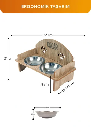 Ahşap Özel İsim Baskılı, Oval Kedi Köpek Mama Su Kabı Standı, Metal Suluk, Kedi Köpek Halısı