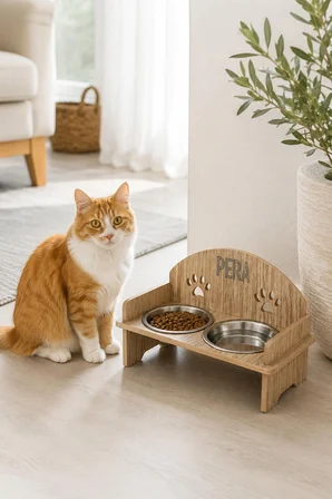 Ahşap Özel İsim Baskılı, Oval Kedi Köpek Mama Su Kabı Standı, Metal Suluk, Kedi Köpek Halısı