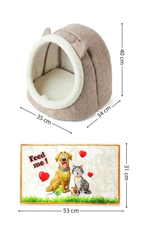 Alas Bej Keçe Kedi ve Köpek Evi Yatağı-Mama Kabı 2 Kaseli Kedi-Köpek Suluk, Mamalık Paspas Seti
