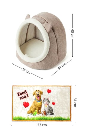 İsim Yazılabilir Kare Mama Kabı Ve Keçe Kedi-Küçük Irk Köpek Evi Seti Bej 