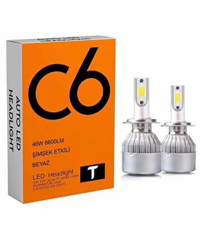 C6 LED XENON 2 Adet H7 Led Xenon 46W 8600LM 6500K Far Ampülü Led Işık seri T-T-T