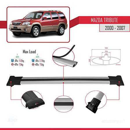Mazda Tribute 2000-2007 Arası ile Uyumlu FLY Model Ara Atkı Tavan Barı Gri 2 Adet