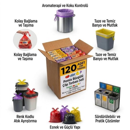 Büzgülü Çöp Torbası Orta Boy – 12 Paket (Toplam 120 Adet) – Çilek, Limon ve Lavanta Kokulu – 55x60 cm – Dayanıklı ve Sızdırmaz