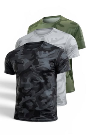 3'lü Erkek Nem Emici Hızlı Kuruma Atletik Teknik Kamuflaj Desenli Spor T-shirt Siyah-Gri-Haki