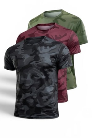 3'lü Erkek Nem Emici Hızlı Kuruma Atletik Teknik Kamuflaj Desenli Spor T-shirt Siyah-Bordo-Haki