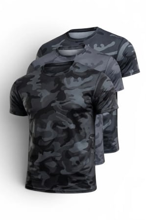3'lü Erkek Nem Emici Hızlı Kuruma Atletik Teknik Kamuflaj Desenli Spor T-shirt Siyah-Füme-Lacivert