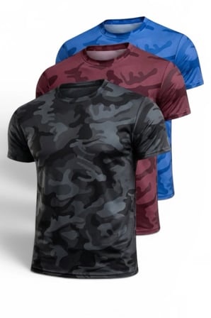 3'lü Erkek Nem Emici Hızlı Kuruma Atletik Teknik Kamuflaj Desenli Spor T-shirt Siyah-Bordo-Mavi