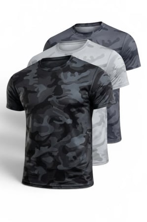 3'lü Erkek Nem Emici Hızlı Kuruma Atletik Teknik Kamuflaj Desenli Spor T-shirt Siyah-Gri-Füme