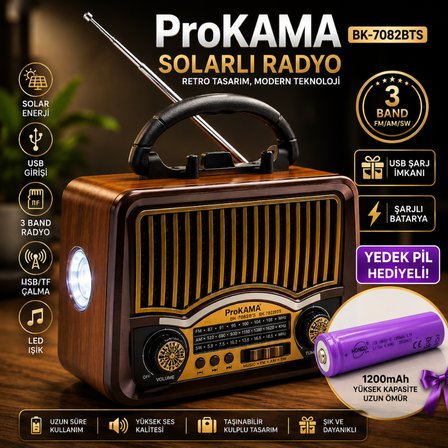 ProKAMA BK-7082BTS Solar Enerjili Şarjlı Nostaljik Retro Radyo