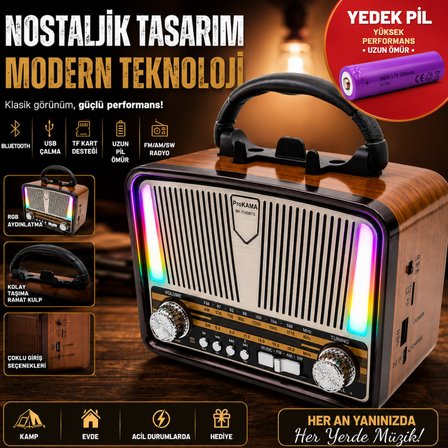 ProKAMA Nostaljik Tasarım Solarlı Bluetooth Radyo(YEDEK PİLİ)