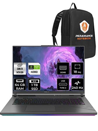 ASUS ROG Strix G18 i9-14900HX 64GB 1TB SSD RTX4080/12GB 240Hz 18" WQXGA FDOS N6092 & PER4 ÇANTA