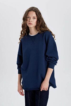 DeFacto Oversize Geniş Kalıp Bisiklet Yaka Kalın Basic Düz Uzun Kollu Tişört C4576AX24SMNV241