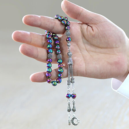 Kararmaz Metal Püsküllü Küre Kesim Multicolor Hematit Doğaltaş Tesbih