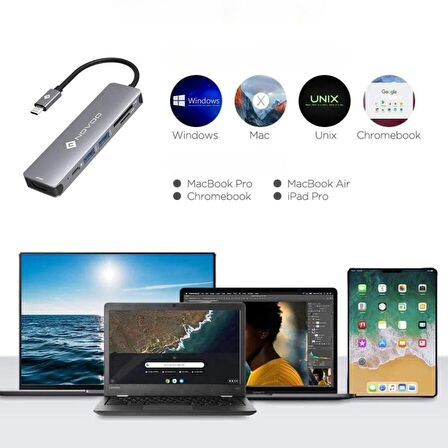 Novoo Type-C to 2*USB-A 3.0 PD 100W 4K HDMI TF SD Kart Okuyucu Dönüştürücü HUB