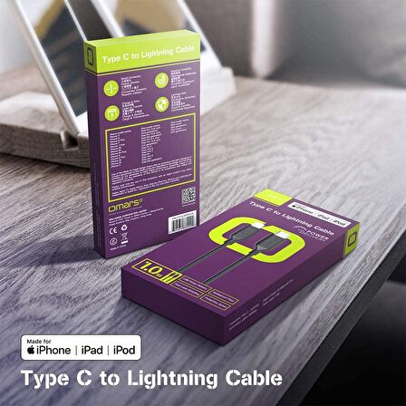 Omars Type-C to iPhone MFI Lightning Hızlı Şarj ve Data Kablosu Siyah 1 Metre