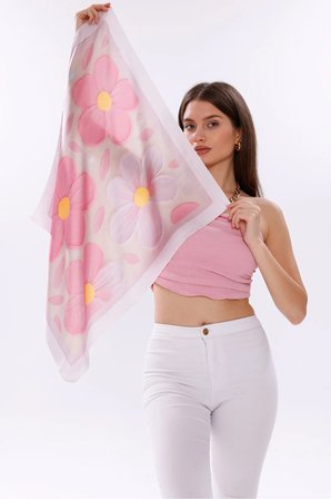 Pembe Rüya Çiçekleri Model Fular Bandana Şal Estascarf 70x70 Cm