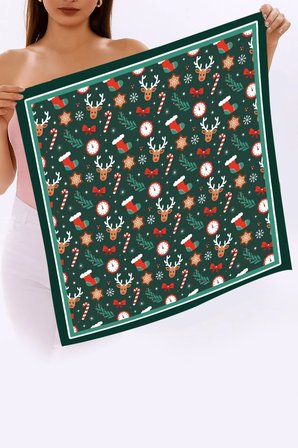 Yeni Sezon Yılbaşı Desenli Bandana Fular Yeni Yıl Hediyesi Şal Estascarf 70x70 Cm