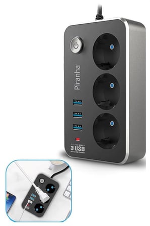 Isıya Dayanıklı Termal Akım Korumalı 2 Mt 10A 2500W 3lü Priz ve 3 Usbi 2.1A Uzatma Kablosu
