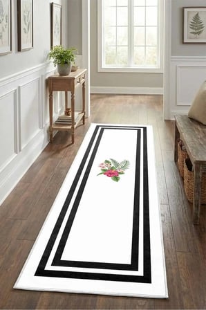 Black Flowers Byz Syh Yıkanabilir Kaymaz Taban Dijital Baskılı Yolluk Halı Siyah