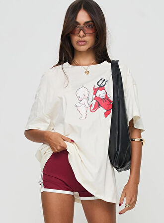 Kadın Beyaz Oversize Karakter Baskılı Eğlenceli Tişört