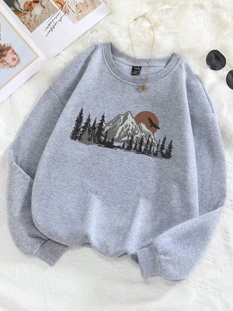 Ormanlar ve dağlar Baskı Tişörtü Kadın Harajuku Yumuşak Kazak Moda Sıcak Giyim Gevşek Crewnec