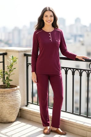 Kadın Pamuklu Uzun Kollu Üç Düğmeli Biyeli Soft Örme Yumuşak Pijama Takımı
