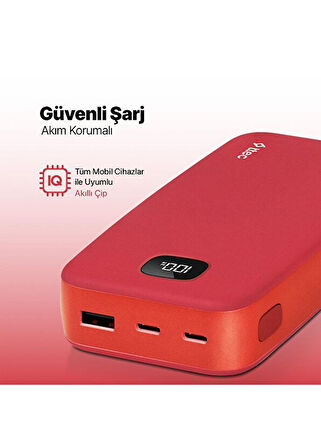 Ttec ChargeUp LCD 20.000mAh Kırmızı Taşınabilir Hızlı Şarj Aleti Powerbank
