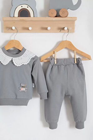 3-18 Ay Kız Bebek Takımı Dantel Yakalı 2'li Gri