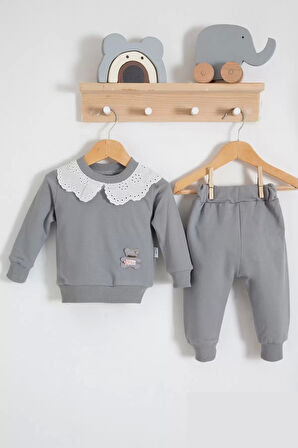 3-18 Ay Kız Bebek Takımı Dantel Yakalı 2'li Gri