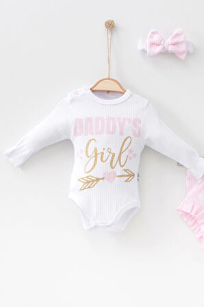 3-6 Ay Kız Bebek Alt&Üst Takımı Daddy's Girl Bandanalı Pembe