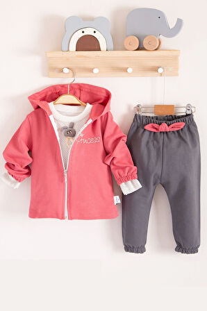 3-18 Ay Kız Bebek Takımı Prences Kapişonlu 3'lü Kırmızı