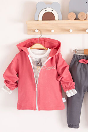 3-18 Ay Kız Bebek Takımı Prences Kapişonlu 3'lü Kırmızı
