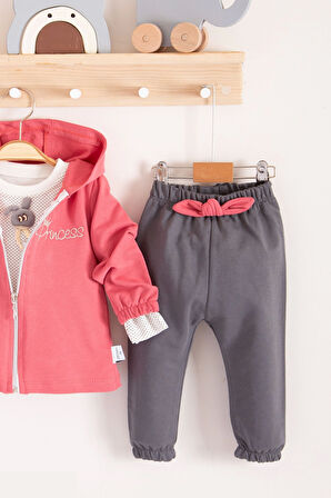 3-18 Ay Kız Bebek Takımı Prences Kapişonlu 3'lü Kırmızı