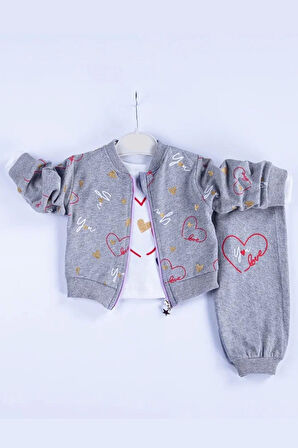 3-18 Ay Kız Bebek Takımı Kalp Hırkalı 3'lü Gri