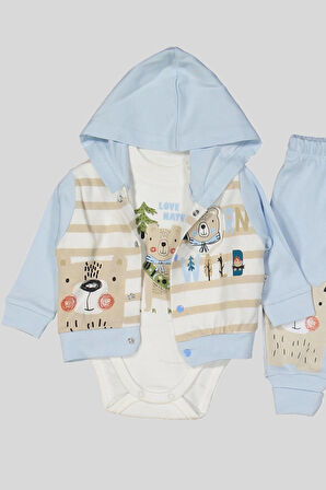 3-9 Ay Erkek Bebek Alt&Üst Takımı Kamp Kapüşonlu Mavi