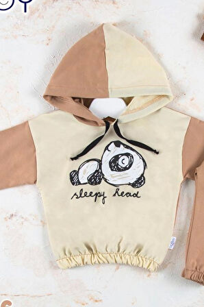 6-24 Ay Erkek Bebek Takımı Panda Kapişonlu Krem