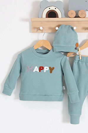 3-18 Ay Erkek Bebek Takımı Happy Nakışlı 2'li Yeşil