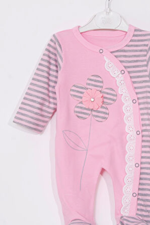 3-9 Ay Kız Bebek Tulumu Çiçek Nakışlı Ayaklı Pembe