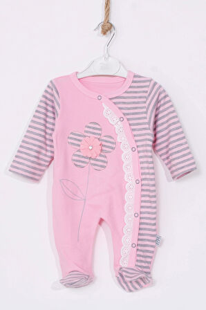 3-9 Ay Kız Bebek Tulumu Çiçek Nakışlı Ayaklı Pembe