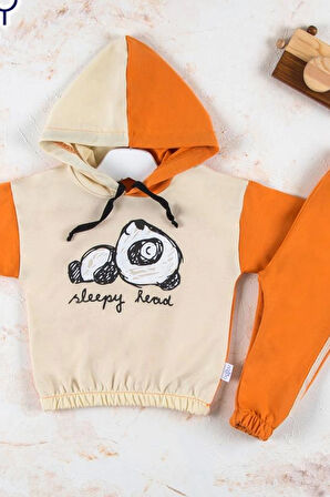 6-24 Ay Erkek Bebek Takımı Panda Kapişonlu Turuncu