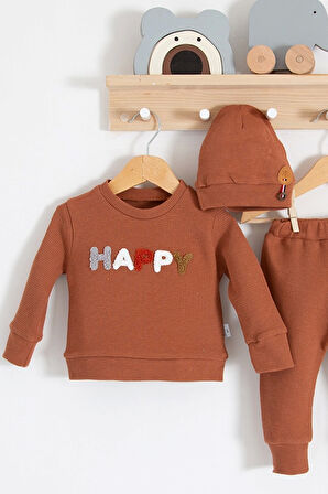 3-18 Ay Erkek Bebek Takımı Happy Nakışlı 2'li Kiremit