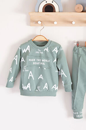 3-18 Ay Erkek Bebek Takımı Harf Baskılı 2'li Yeşil